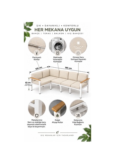 Neokas L Köşe Takımı 5 Kişilik, Metal Balkon Bahçe Ve Teras Koltuk Takımı Beyaz