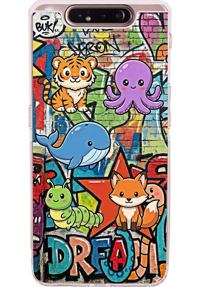 Samsung Galaxy A80 İle Uyumlu Grafiti Mini Tasarımlı Şeffaf Silikon Kılıf Şeffaf