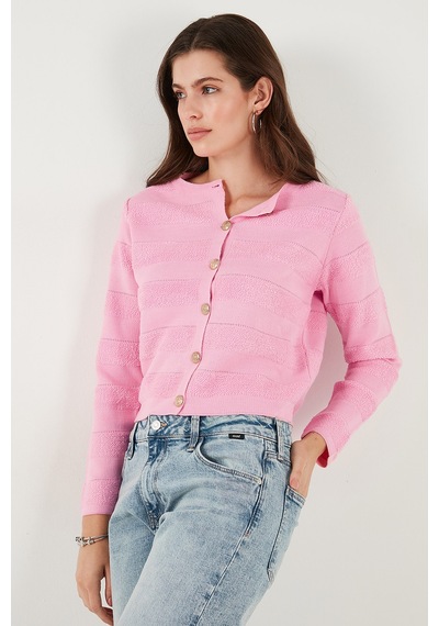 Lela Premium Regular Fit Bisiklet Yaka Düğmeli Dokulu Triko Bayan Hırka 680Hi00337 Şeker Pembe