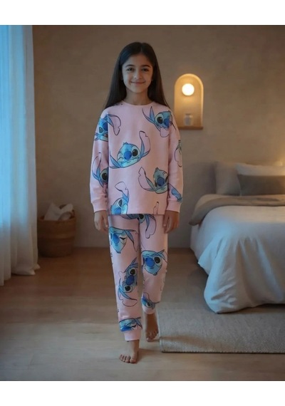 Isobel Kids Kız Çocuk Pembe Stitch Baskılı Uzun Kollu Pijama Takımı 2 Parça