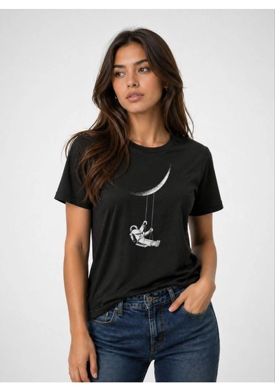 Novalisse Kadın Astronot Ay Temalı Tişört Kısa Kol Yazlık Bisiklet Yaka T-shirt - Siyah Çoklu Renk