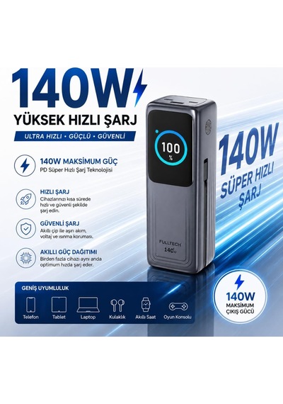 Yüksek Hızlı Powerbank, Dijital Göstergeli Powerbank, 30.000 Mah Batarya, 140w Hızlı Şarj, 2x Type-c Girişi, 1x
