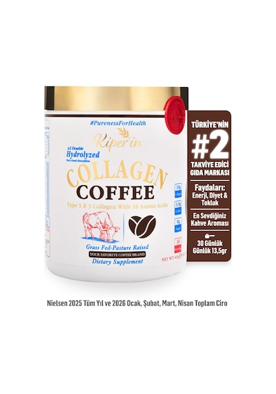 Kiperin Coffee Collagen Kahveli Çift Hidrolize %100 Saf Ve Doğal Toz Kolajen Peptitler 30 Günlük