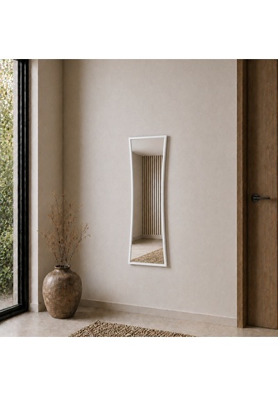 Modern Çerçeveli Boy Aynası 40x120 Cm Kavisli Minimalist Dekoratif Duvar Aynası Beyaz