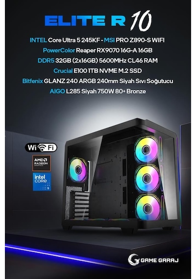 Game Garaj ELITE-R10 Ultra 5 245KF RX9070 32 GB 1 TB SSD Free Dos Oem Paket Masaüstü Oyuncu Bilgisayarı