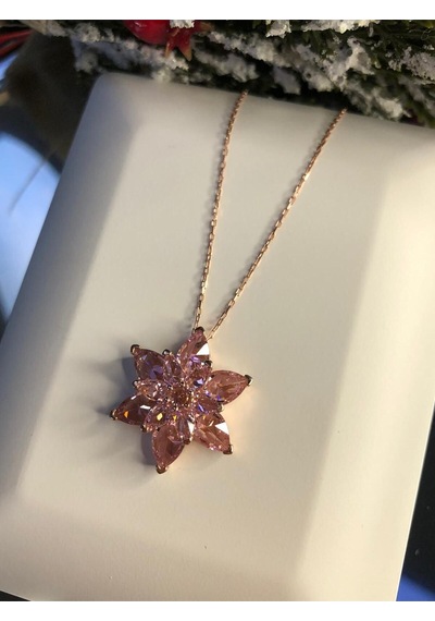 Vog Pembe Taşlı Lotus Çiçeği Büyük Boy 925 Ayar Gümüş Sevgiliye Eşe Anneye Kolye
