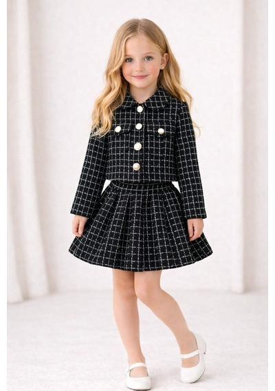 My Kids Wear Kız Çocuk Ekose Ceket Etek Takım Şık Kombin 12643 Siyah - Beyaz