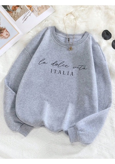 Startmore Startmorela Dolce Vita Italia Baskılı Kazak Bisiklet Yaka Y2k Gevşek Giyim Çok Renkli Rahat Kaza Gri