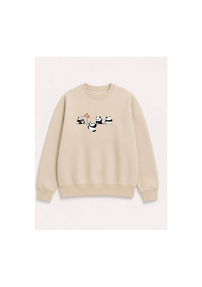 Herkesemoda Yavru Pandalar Baskılı 2 İplik Şardonlu Bisiklet Yaka Sweatshirt Bej