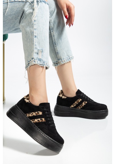 Bahrina Kadın Kalın Tabanlı Sneaker Siyah Süet Leopar