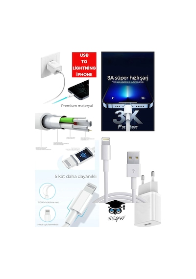 Usb - Lightning İphone İpad Şarj Aleti Adaptör Ve 1 Metre Kablo 3 A Ac 110-240v