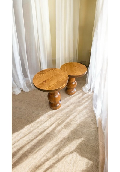 Wood Ahşap 2'li Set Mantar Yan Sehpa / Tik Ağacı Renk