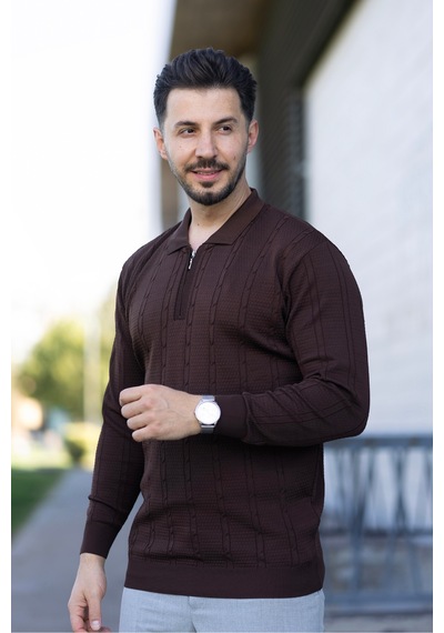 Hk Premium Triko Kazak Polo Yaka Fermuarlı Slim Fit Kahverengi