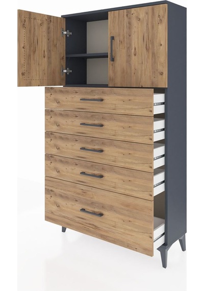Arges Dolap 2 Raflı 5 Çekmeceli 2 Kapaklı 88x30x163 Antrasit-çam Antrasit
