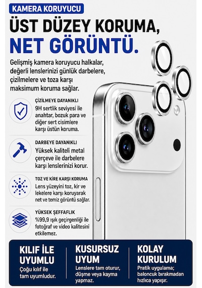 Apple iPhone 17 Pro / 17 Pro Max Uyumlu Kamera Lens Koruyucu Gümüş