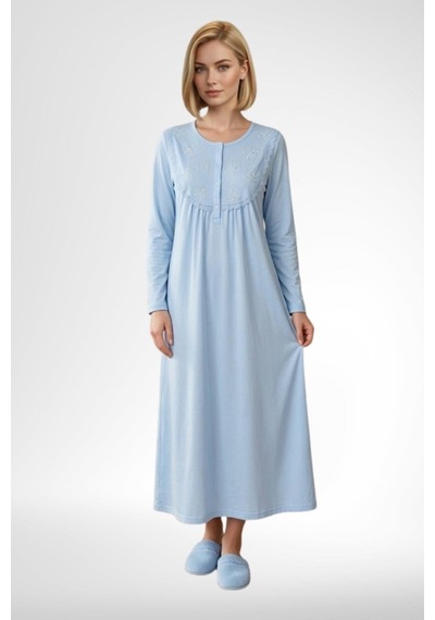 Mecit Pijama Mecit 6374 Mavi Kadın %100 Pamuk Uzun Kollu Gecelik