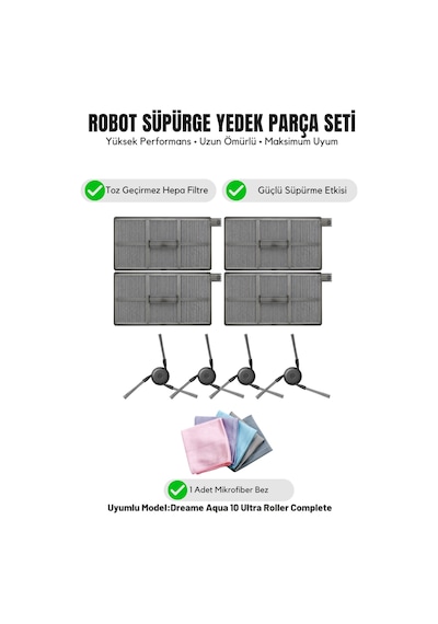 Dreame Aqua10 Ultra Roller Complete İle Uyumlu 4 Yan Fırça 4 Filtre 1 Temizlik Bezi 10.0
