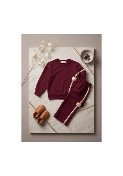 Deniva Kids Kız Çocuk Bordo Şerit Detaylı Rahat Kalıp Sweatshirt Eşofman Alt Üst Takım