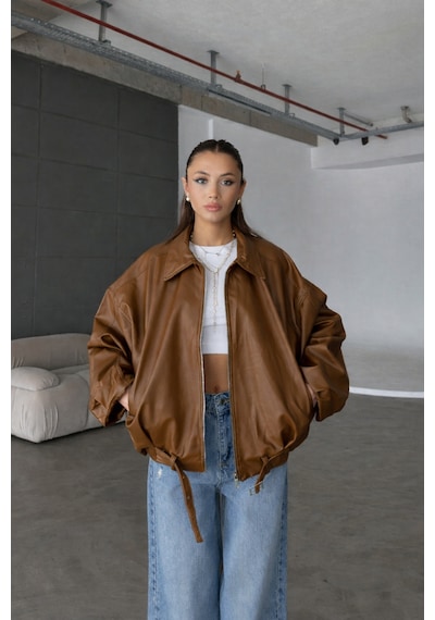 Karabulut Kadın Oversize Deri Ceket Fermuarlı Kemer Detaylı Günlük Kadın Ceket Camel Camel Karabulut Kadın Oversize Deri Ceket Fermuarlı Kemer Detaylı Günlük Kadın Ceket Camel Camel