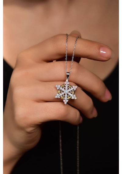 Papatya Silver 925 Ayar Gümüş Rodyum Kaplama Dorika Toplu Opal Kar Tanesi Kadın Kolye