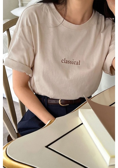 Uyguntarz Unisex Classical Baskılı Oversize Tshirt Bej