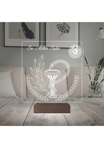 Luvivia Eczacı Hediye Eczane Logolu Kişiye Özel Metal Saatli 3d Lamba - Masa Gece Lambası Şeffaf