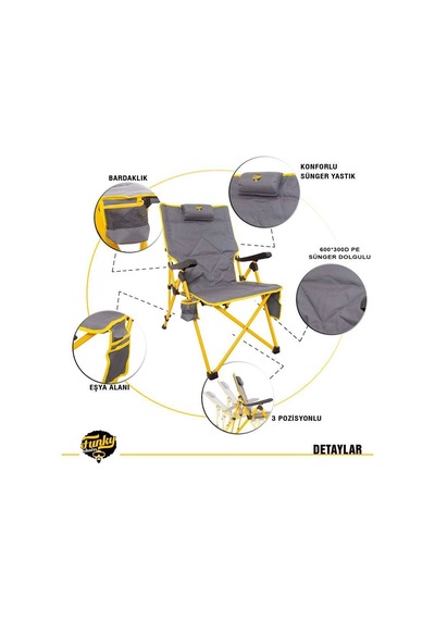 Funky Chaırs Comfort 3 Kademeli Katlanabilir Kamp Sandalyesi - Gri Karışık/Çok Renkli