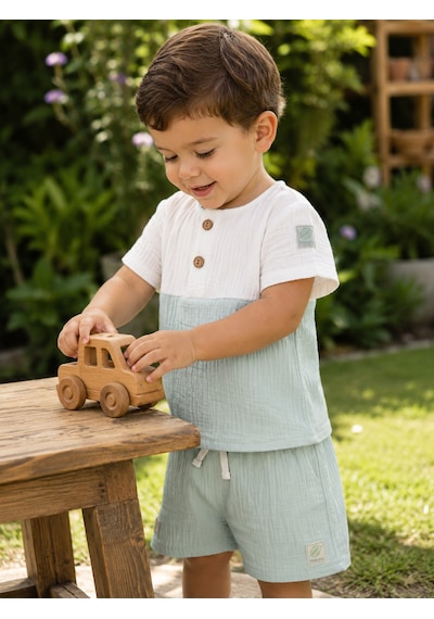 Babyhola Erkek Bebek Müslin Kumaş Şortlu Takım Yazlık Kısa Kollu 2 Li Takım 22455 Mint