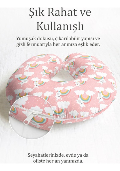 Pembe Gökkuşağı Tavşanlı Boyun Yastığı - Sevimli Çocuk & Yetişkin Pastel Renkli Seyahat Yastığı Tozlu Göl Eflatun