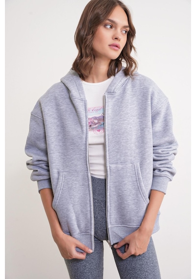 Mixray 2023 Unisex 3iplik Basic Polarlı Fermuarlı Sweatshirt Hoodie Gri