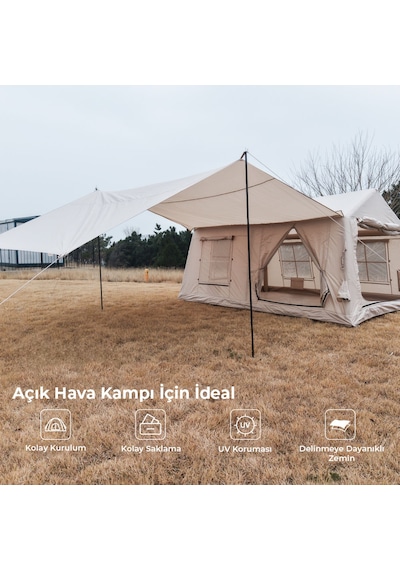 12 Kişilik 12x 12 M² Tenteli Gölgelikli, 4 Mevsim, Su Geçirmez 420d Oxford Kumaşlı Şişme Çadır 400 300 235cm Bej