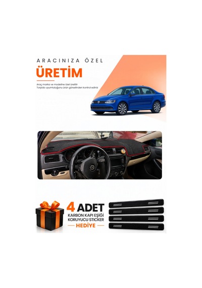 Volkswagen Jetta 2010-2018 Uyumlu Torpido Koruma Örtüsü Oto Kılıfı - Siyah Kırmızı