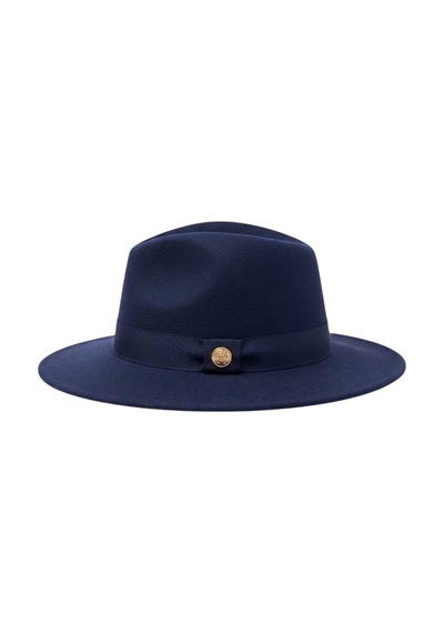 Tezzgelsin Kadın Metal Düğme Detaylı Kurdele Şeritli Kaşe Fedora Fötr Şapka Lacivert