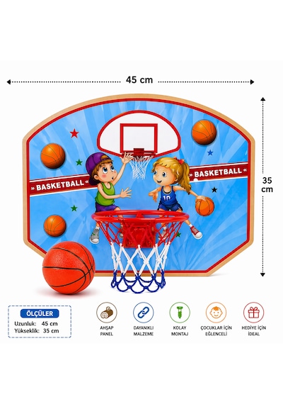 Ahşap Midi Basketbol Potası 45x35 Cm + Top Seti Duvara Asılabilir Çocuk Oyun Seti