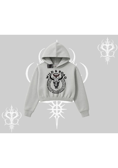 Startmore Kapşonlu Crop Sweatshirt Wild & Road Western Skull Biker Street Culture Gri