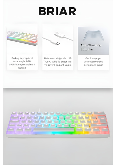 Briar Type-c Bağlantılı Rgb Puding Tuşlu Mekanik Red Switch Türkçe