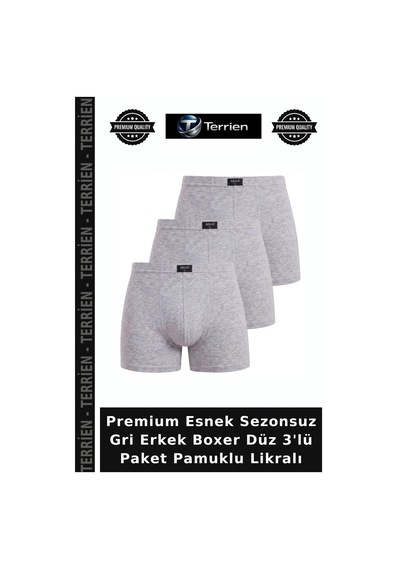 Terrien Premium Esnek Sezonsuz Gri Erkek Boxer Düz 3'lü Paket Pamuklu Likralı