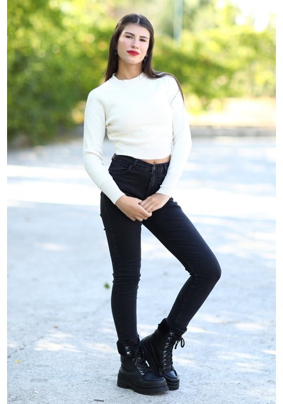 Giysa Kadın Bej Fitilli Crop Triko Kazak Kısa Model Akrilik Kumaş Ribanalı - 3122 Bej