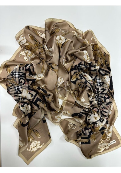 Miorel Scarfs Yeni Sezon Çiçek Desen Ekose Zincir Vual İpek Şal Premium Bej