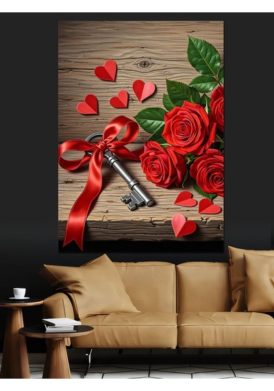 Kırmızı Güller Romantik Anahtar Dekoratif Kanvas - Mdf Ahşap Tablo