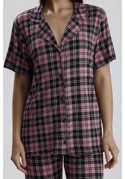 Kompedan Kadın Önden Düğmeli Pijama Takım Ekose Pembe Eks Pembe