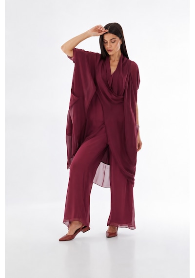 Bohem Stil Italyan Ipek Detaylı Oversize Kap Bluz- Wes Pantolon Takım Koyu Bordo