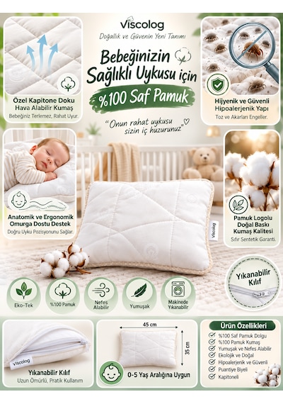Viscolog %100 Organik Pamuk Bebek Uyku Yastığı Tela Çantalı 35x45 CM