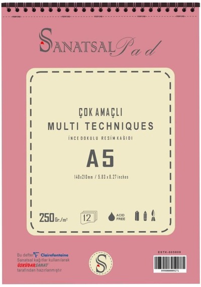 Sanatsal Pad Çok Amaçlı İnce Dokulu Resim Defteri A5 250gr 12 Yaprak Spiralli