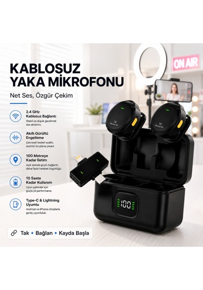 Coofbe Dijital Şarj Göstergeli 2'li 2.4 Ghz Kablosuz Yaka Mikrofonu, Apple Uyumlu iPhone Android Uyumlu, 20 Hz 20 Khz