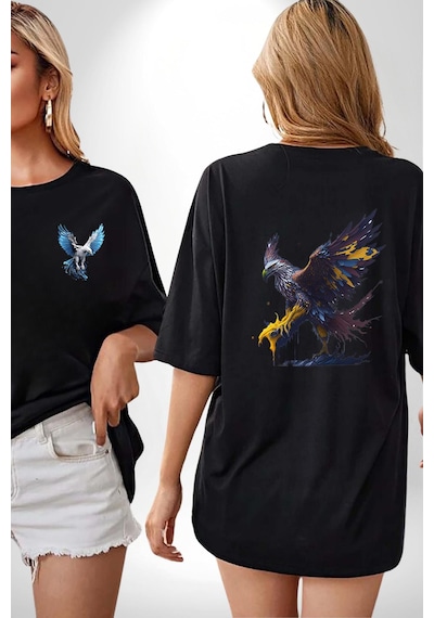 Kara Kartal Sulu Boya Siyah Oversize Unisex Ön Ve Sırt Baskılı Tişört Siyah