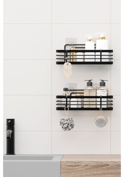 Yapışkanlı Lamalı Banyo Rafı Duş Şampuanlık Duvar Düzenleyici Organizer 2li Set Duş Rafı Organizeri Siyah