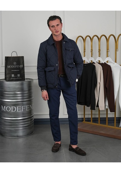 Modefendi Slim Fit Baklava Desen Torba Cep Dolum Elyaf Mont Lacivert
