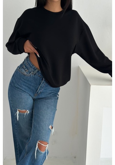 Femelle Siyah Modal Kumaş Basic Sweatshirt