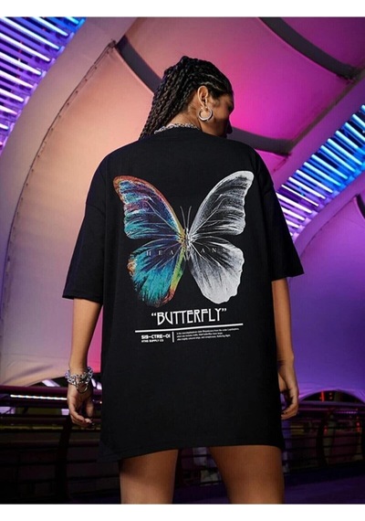 Flood Of Style Kadın Siyah Butterfly Ön Arka Baskılı Oversize T-shirt